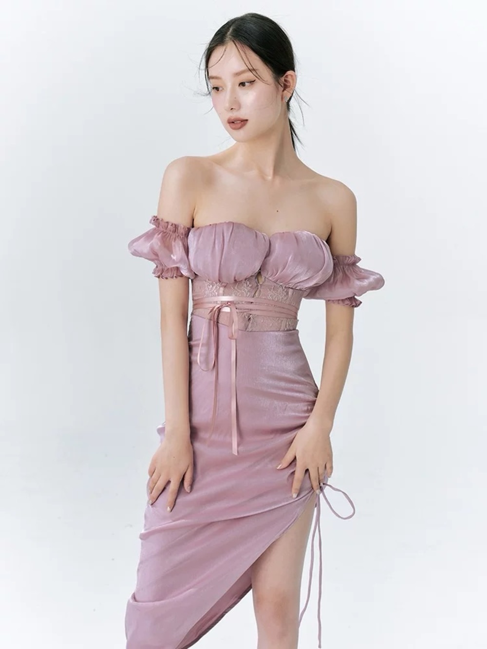 Off-Shoulder Dusty Purple Satin Bodycon Dress